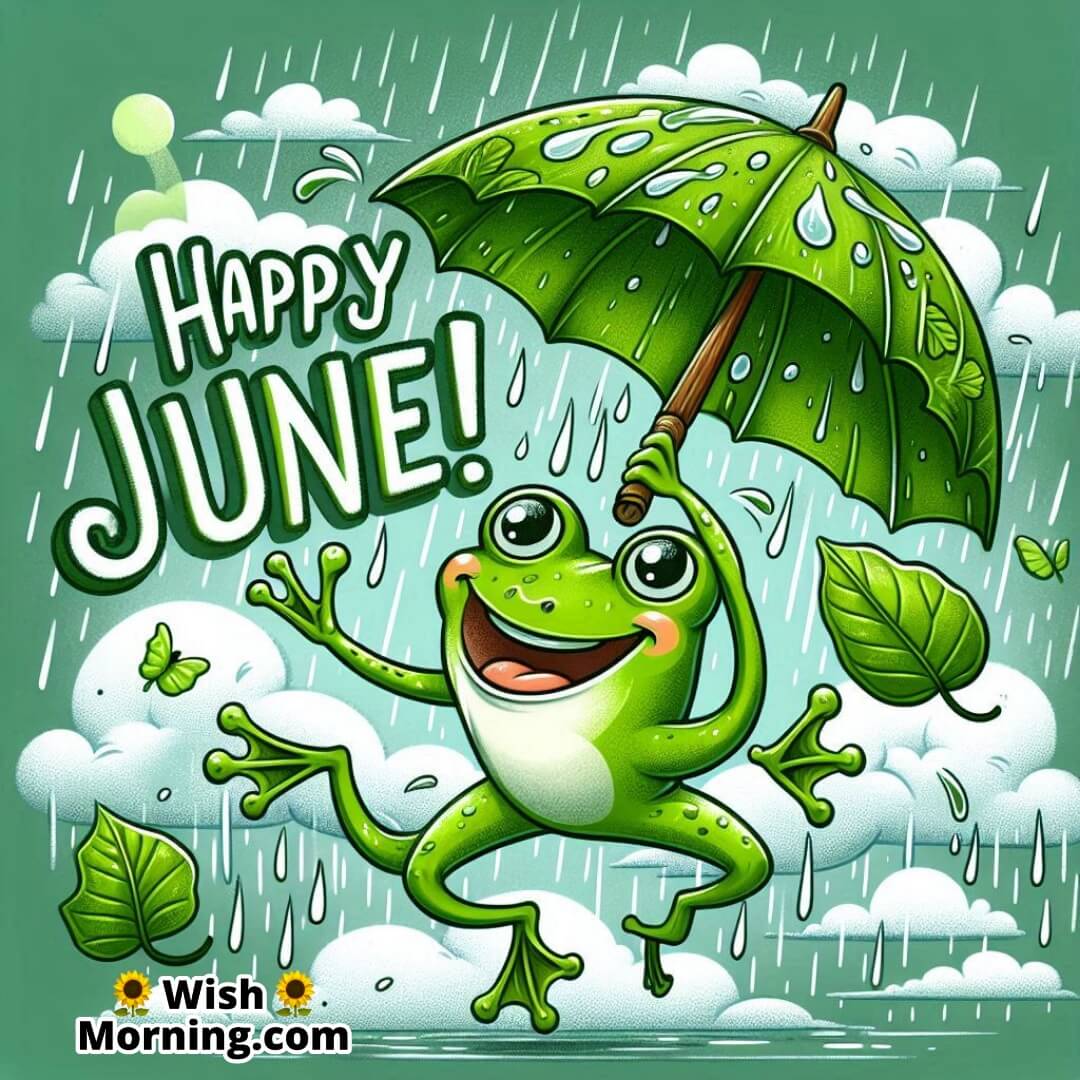 Happy June shown playfully with a happy frog dancing in summer showers.