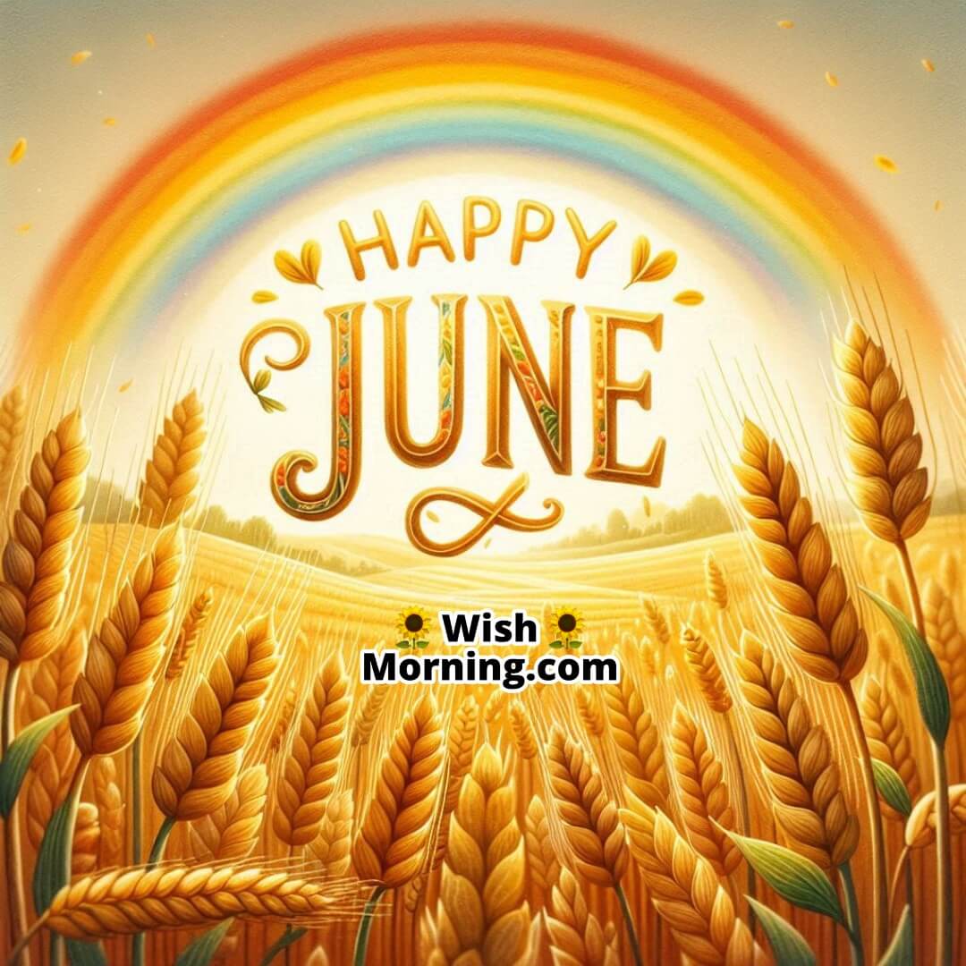 Happy June expressed with golden crops, clear skies, and a distant rainbow.