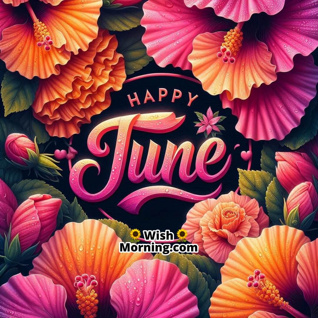 Happy June showcased through vibrant hibiscus blooms shining with morning freshness.