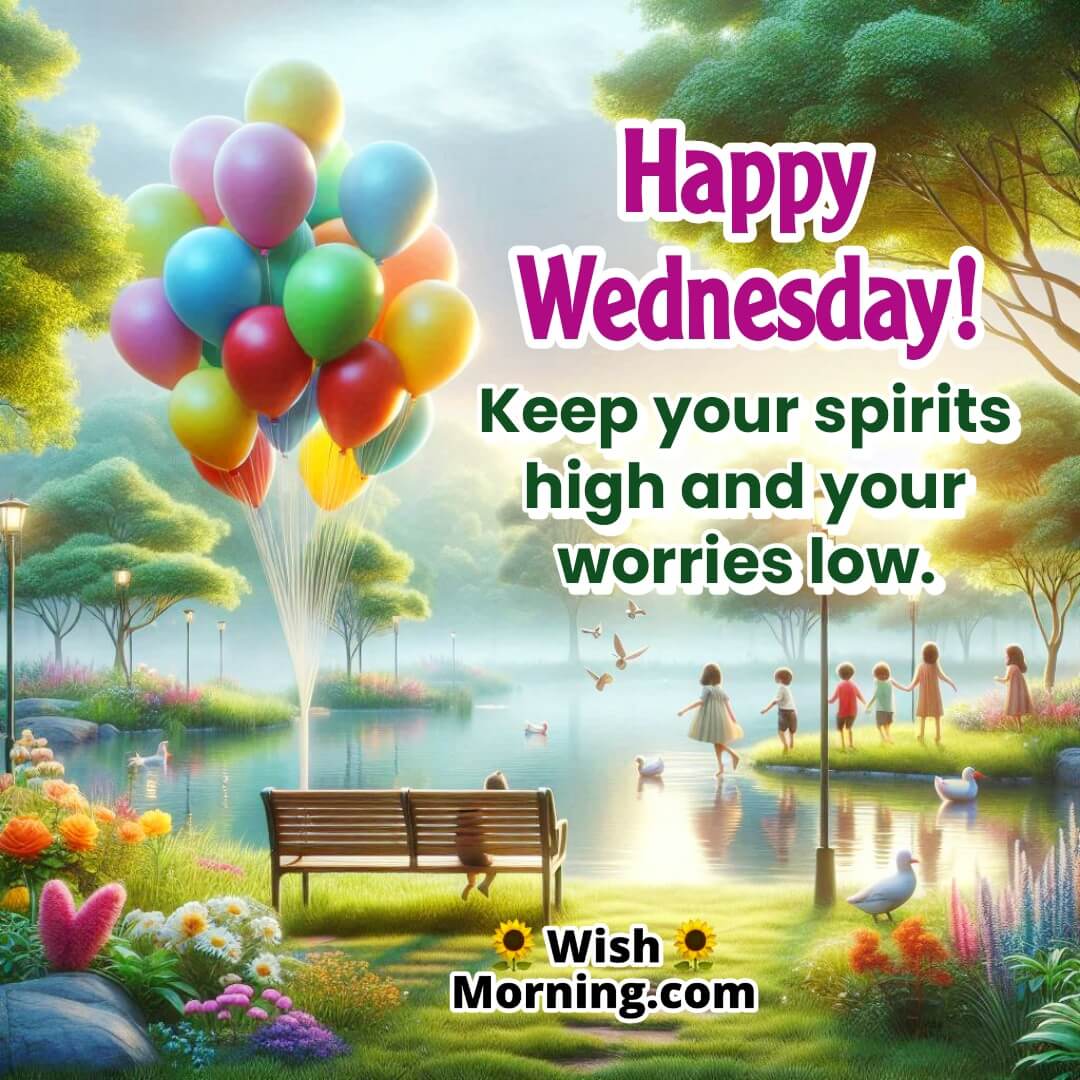 Happy Wednesday Message featuring a joyful park with balloons and children playing, symbolizing happiness, light spirits, and carefree moments on Wednesday.