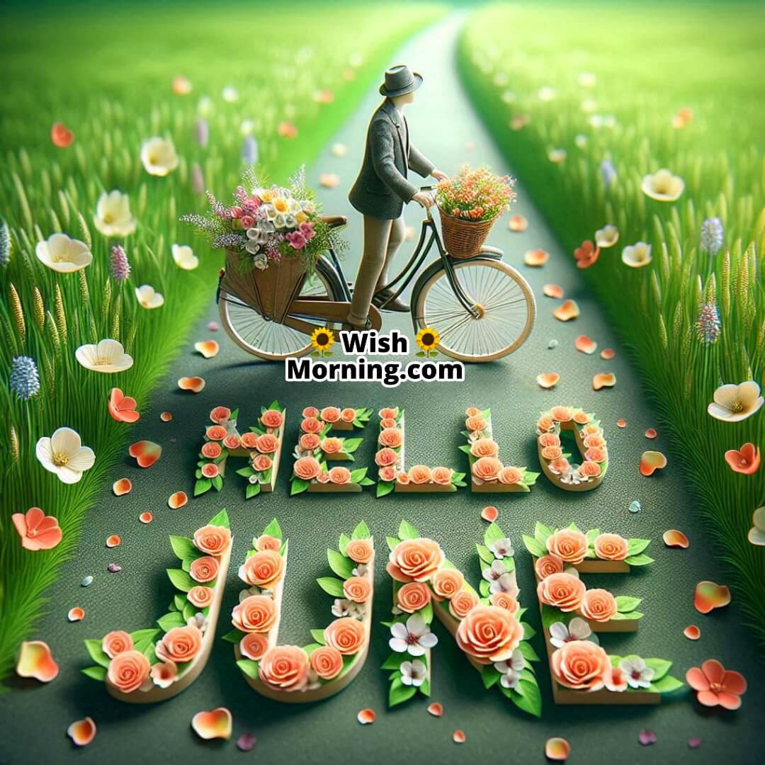 Hello June illustrated through a peaceful countryside bicycle ride among flowers.