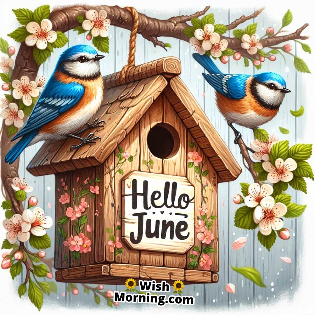 Hello June shown through joyful bluebirds singing from a hanging birdhouse in bloom.