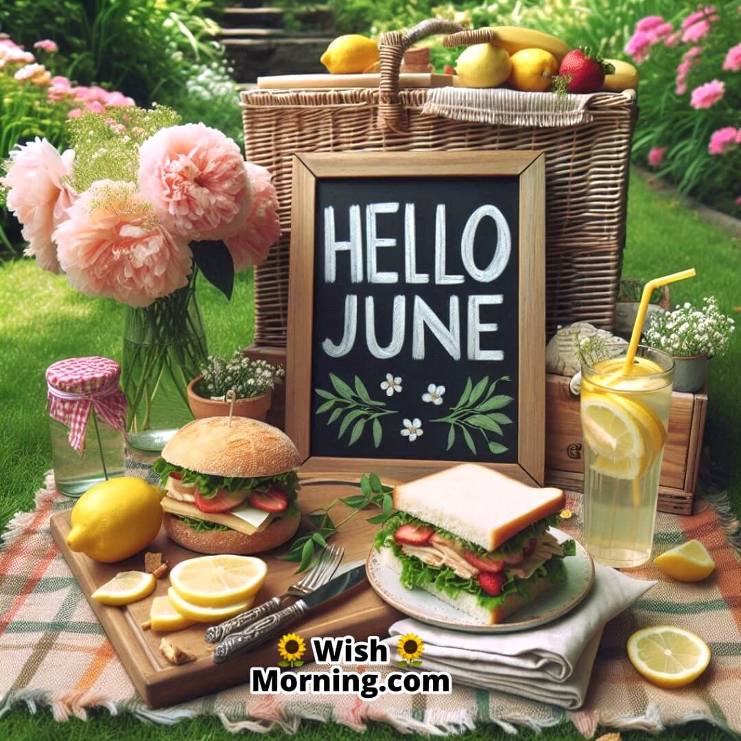Hello June shown through a relaxing garden picnic surrounded by flowers and treats.