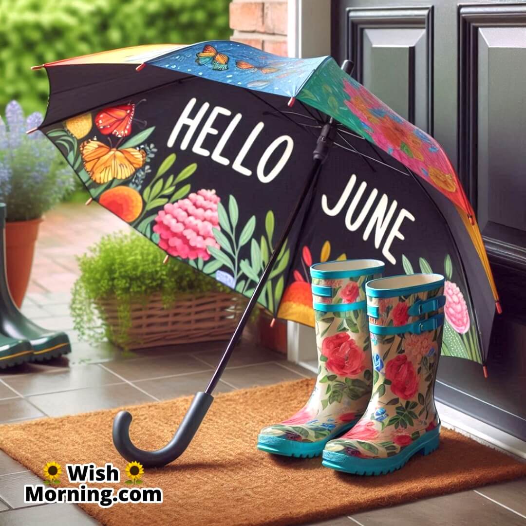 Hello June shown with monsoon vibes through a wet doorstep and bright umbrella.