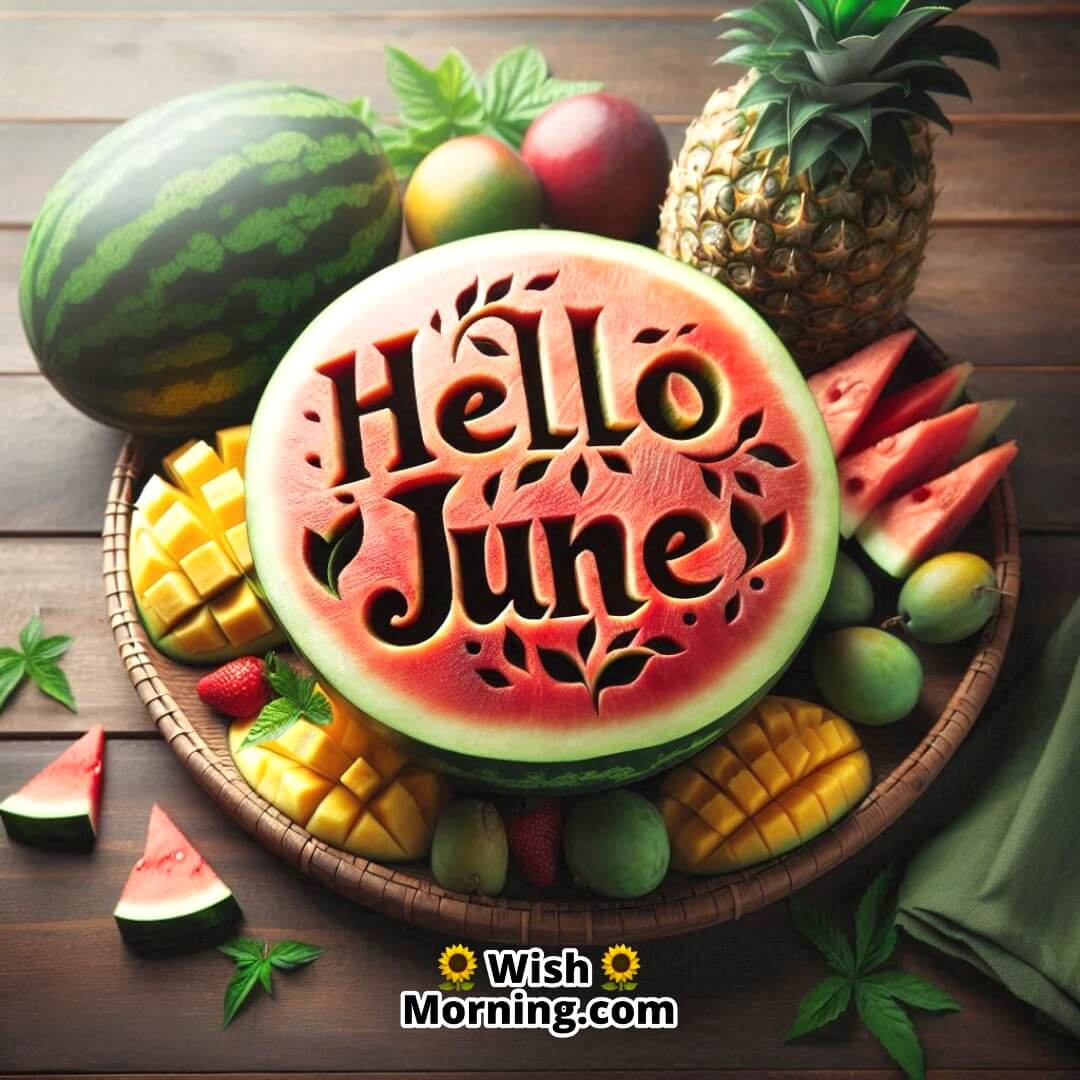 Hello June represented by a refreshing summer fruit basket full of vibrant colors.