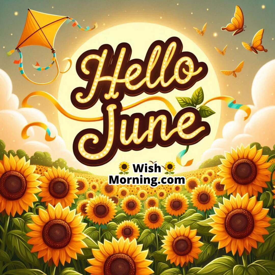 Hello June expressed with a lively sunflower field and colorful kite flying high.