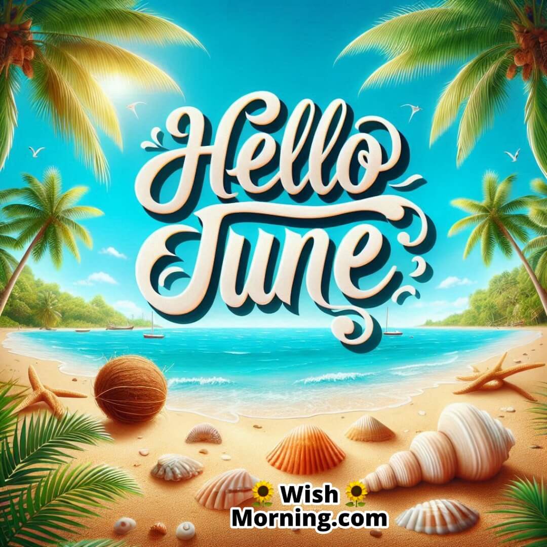 Hello June welcoming the month with a vibrant tropical beach and clear blue sky.