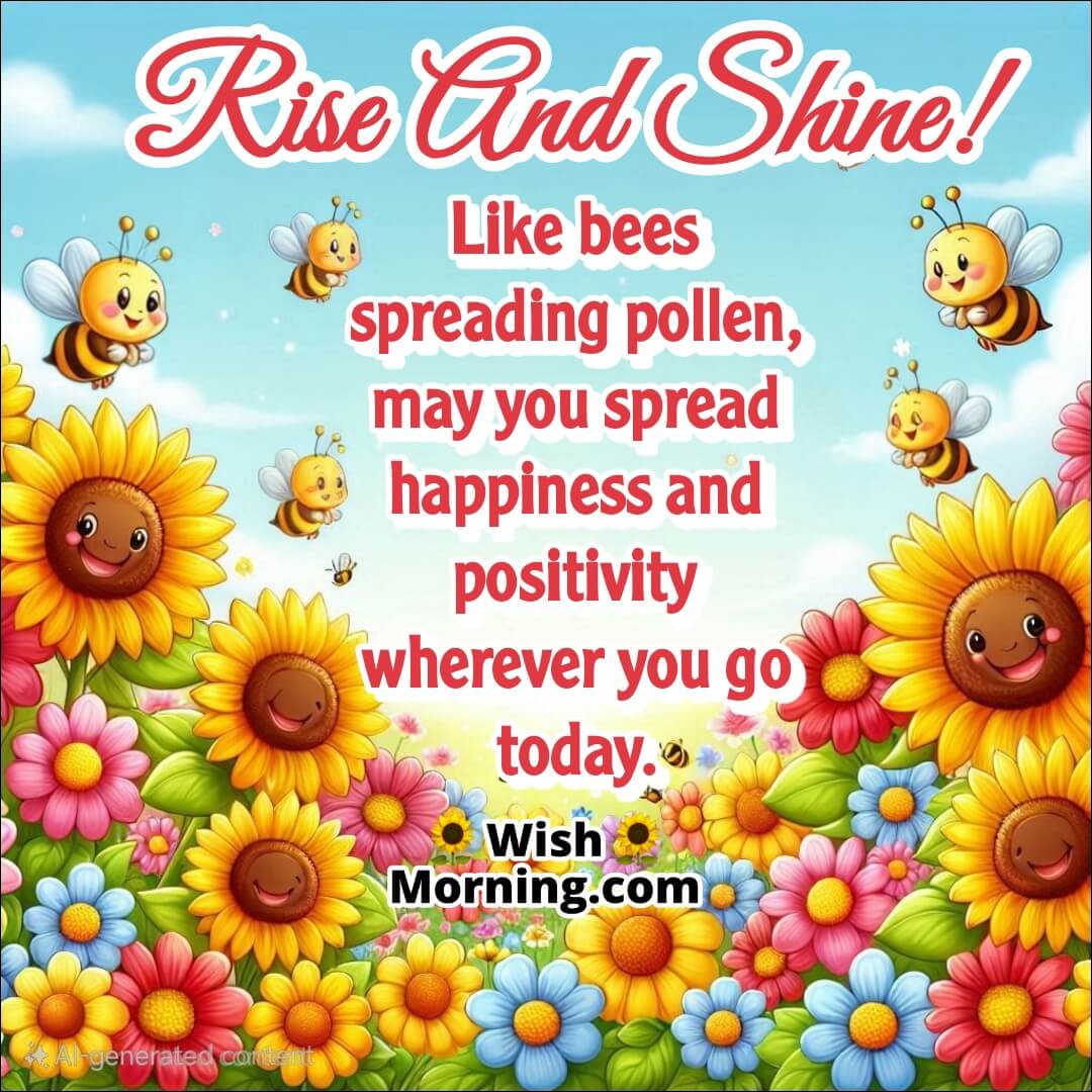 Flying bees in a flower-filled meadow spreading joy and colour, symbolizing positivity and action.
