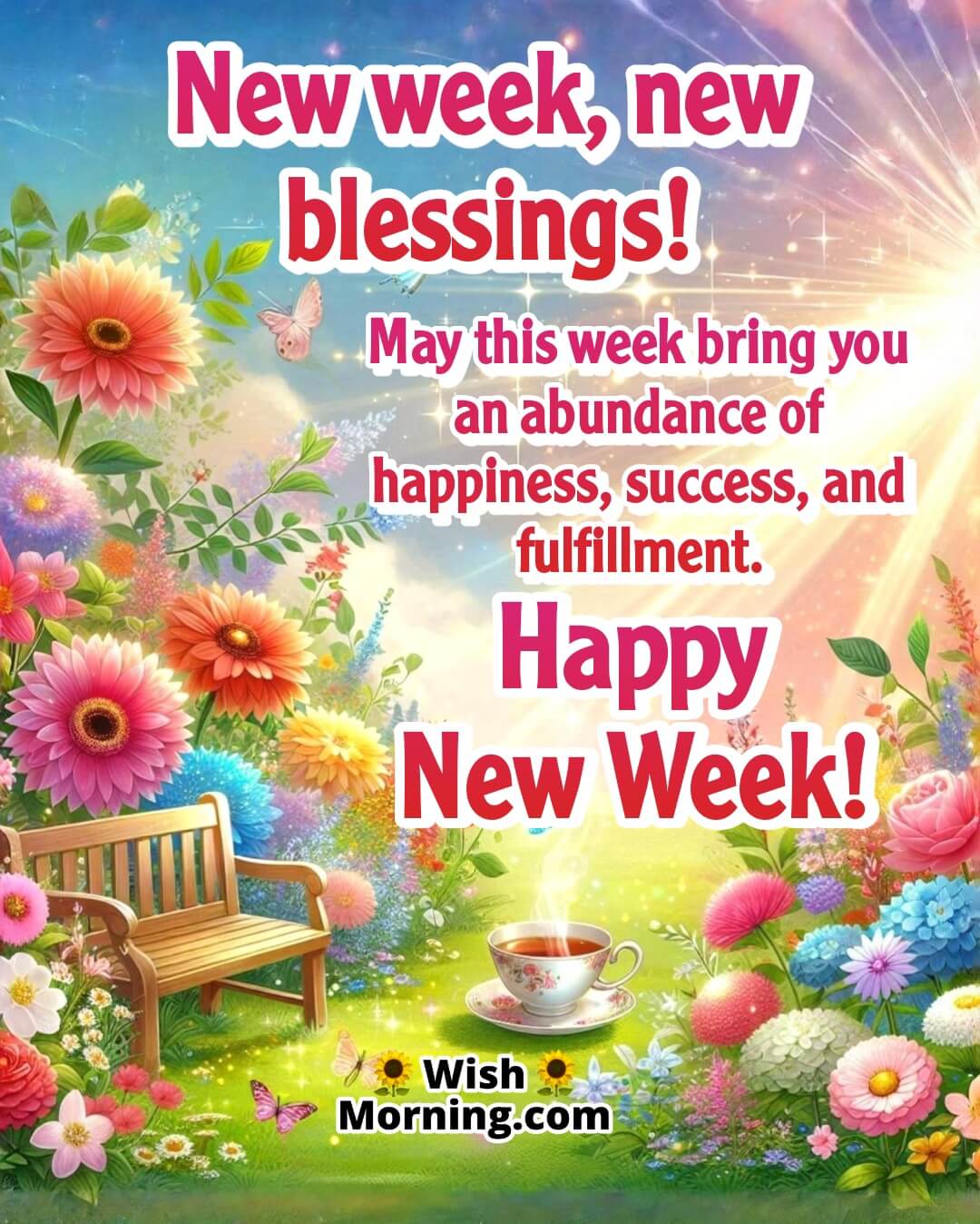 New Week image representing happiness, blessings, and a vibrant start through a joyful garden scene.