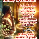 Weekend greeting symbolizing self-discovery through a radiant forest sunrise path.