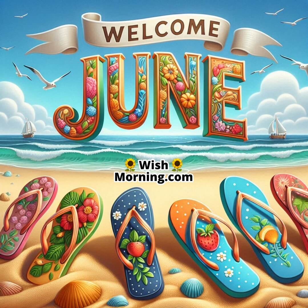 Welcome June shown creatively with flip-flops on a sunny beach spelling out June.