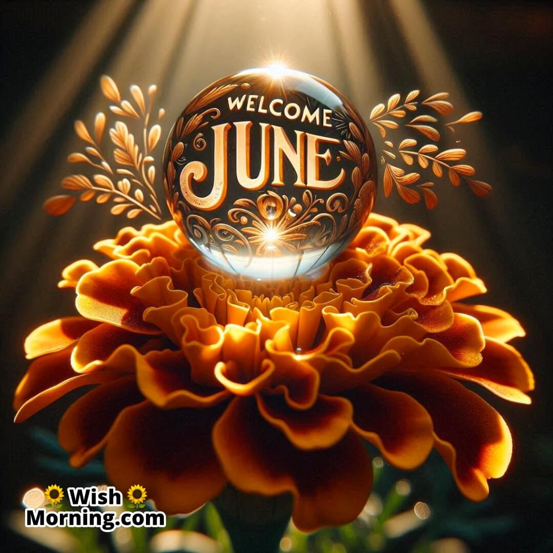Welcome June shown with a glistening dewdrop on a blooming marigold in morning light.