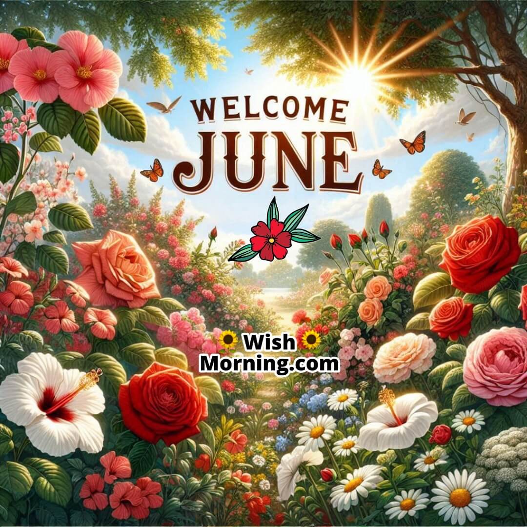 Welcome June shown with a colorful flower garden glowing in early summer light.