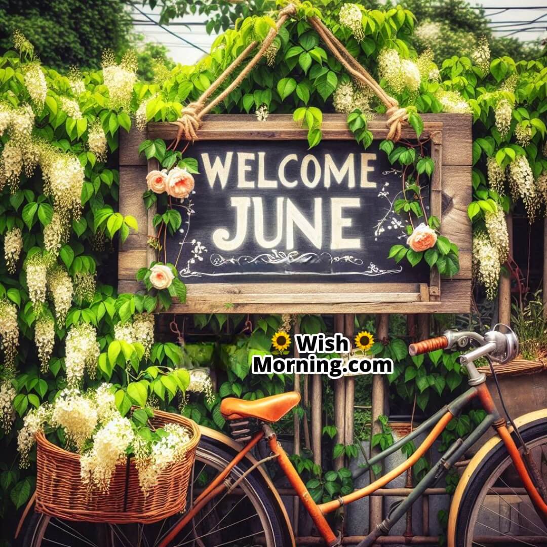 Welcome June shown with a quiet jasmine-covered fence and a resting vintage bicycle.