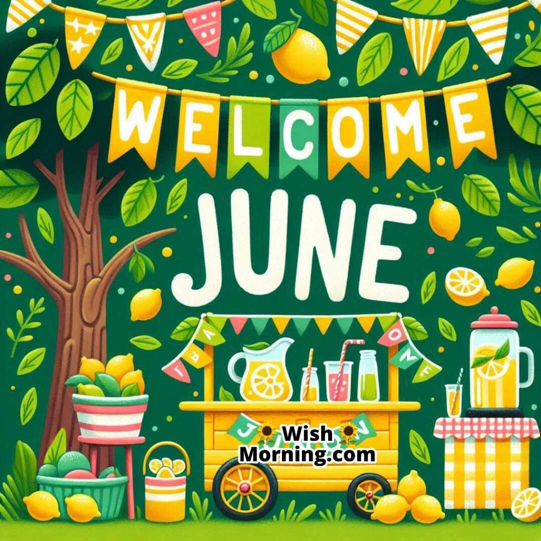 Welcome June shown with a joyful cartoon lemonade stand in summer colors.