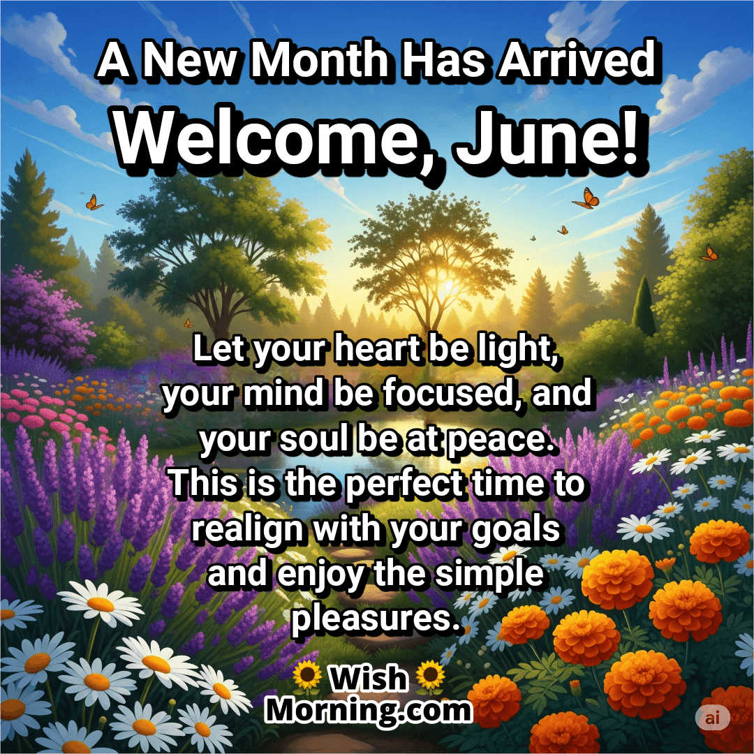 Welcome June message with flowers, sunlight, and calm surroundings, symbolizing focus, peace, and fresh beginnings.