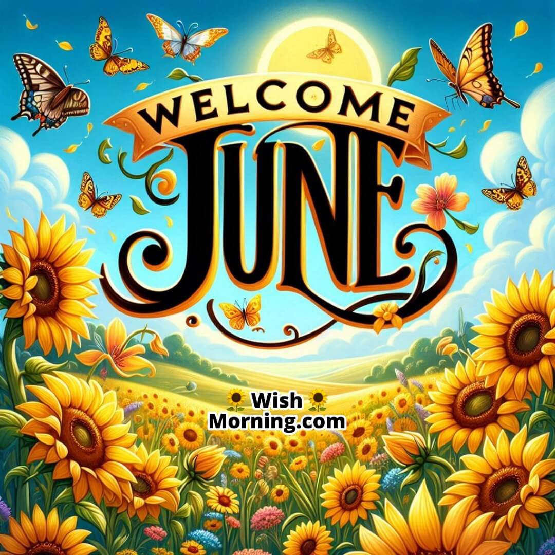 Welcome June shown with a cheerful sunflower field and butterflies under clear skies.