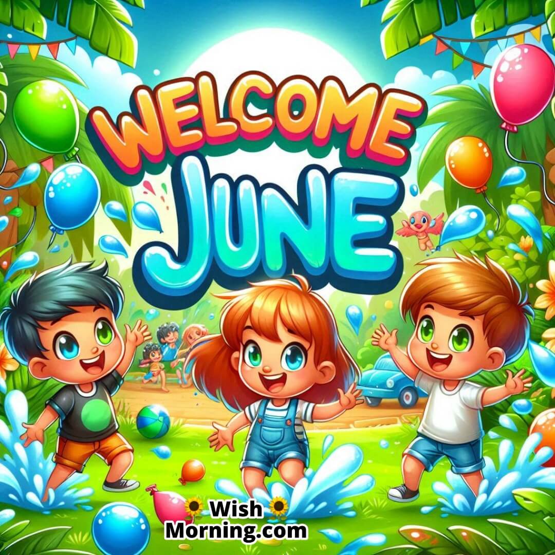 Welcome June shown with children joyfully playing with water balloons in a summer park.
