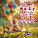 Sunday Blessings image of a smiling child on a bench with balloons and confetti, symbolizing joyful and lighthearted Sunday moments.