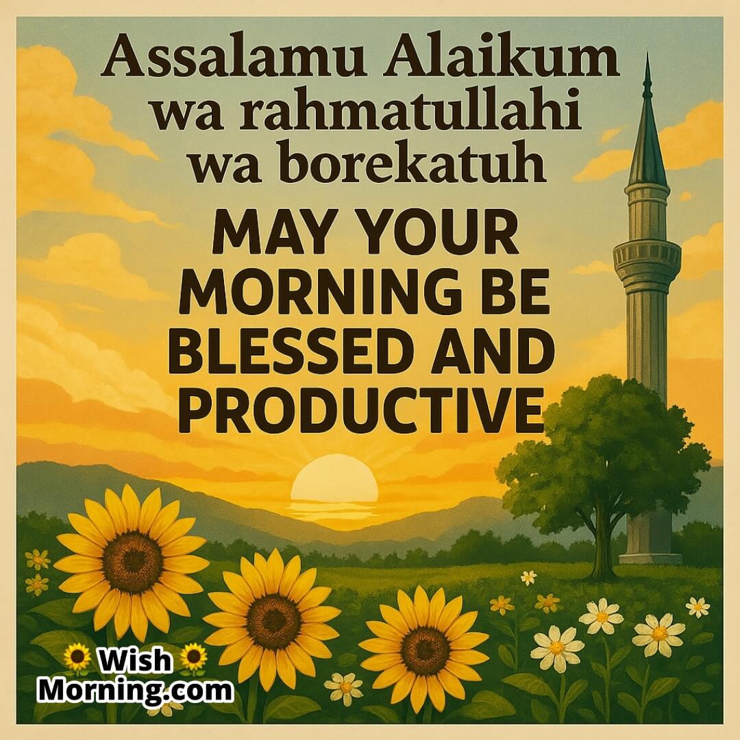 Blessed Morning Islamic Morning Greeting featuring A serene sunrise with soft golden light, radiating peace, positivity, and faith. The scene evokes a calm and uplifting start to the day.