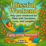 Blissful Weekend with a colorful garden or park scene under the sun symbolizing joy, laughter, and peaceful moments.