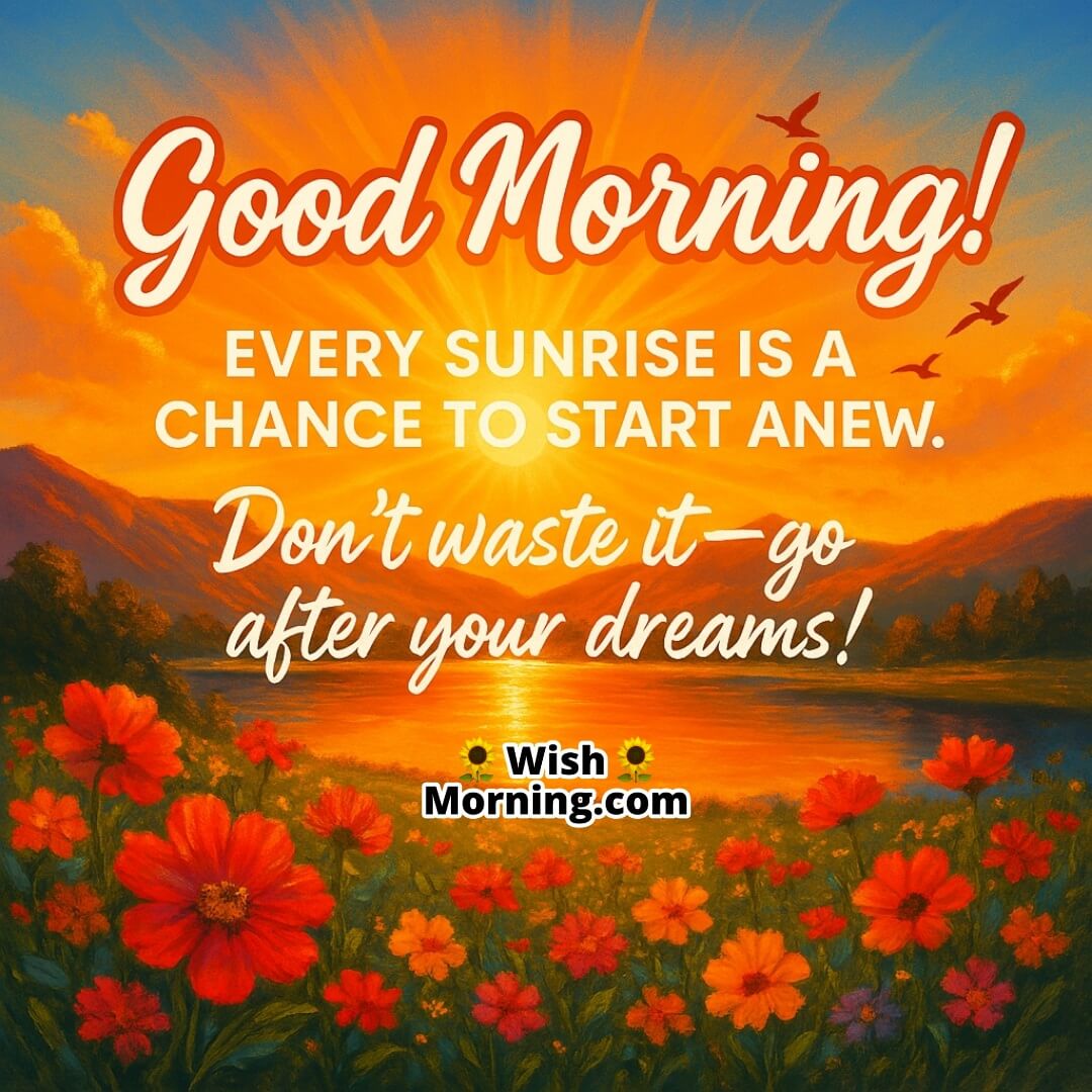 Good Morning with a vibrant sunrise, bold golden light, flying birds, and colorful scenery symbolizing fresh starts and fearless dream-chasing.