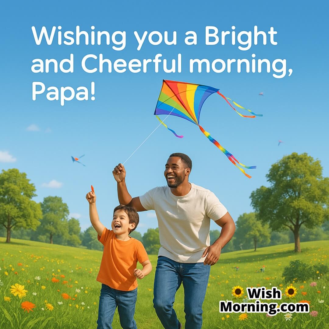 Smiling father and child flying a colorful kite, symbolizing joy and vibrant morning energy.