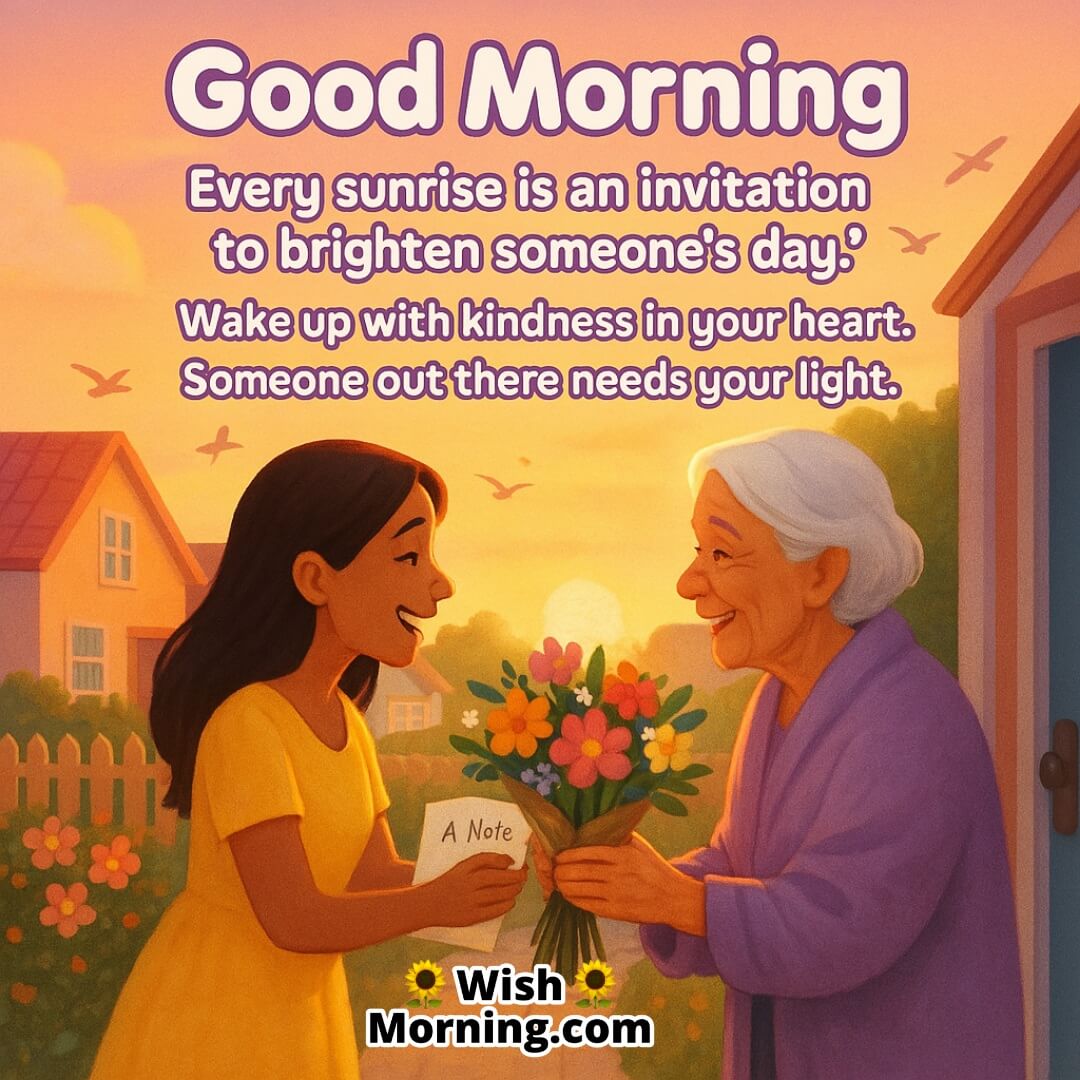 Good Morning with sunrise over kind neighborhood gesture symbolizing warmth and compassion.