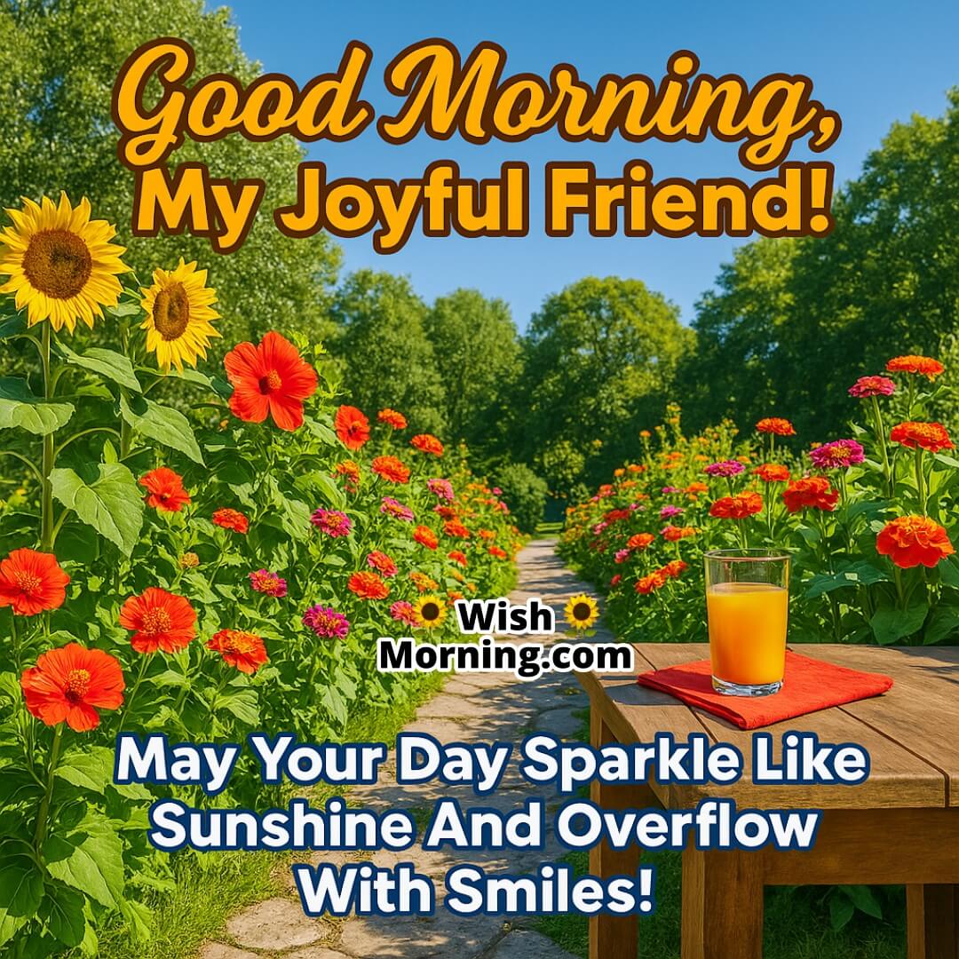 Cheerful Good Morning Message For A Friend with colorful garden, orange juice, and sunshine representing happiness and a bright start to the day.