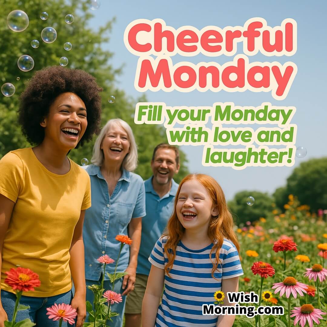 Cheerful Monday in a bright garden or lively park with smiling people, blooming flowers, and natural soft light, symbolizing joy, love, and laughter to start the week.