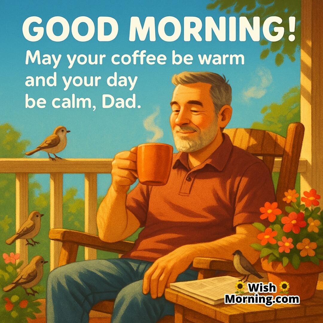 Father enjoying coffee on a sunny porch, symbolizing calm, comfort, and a peaceful morning.