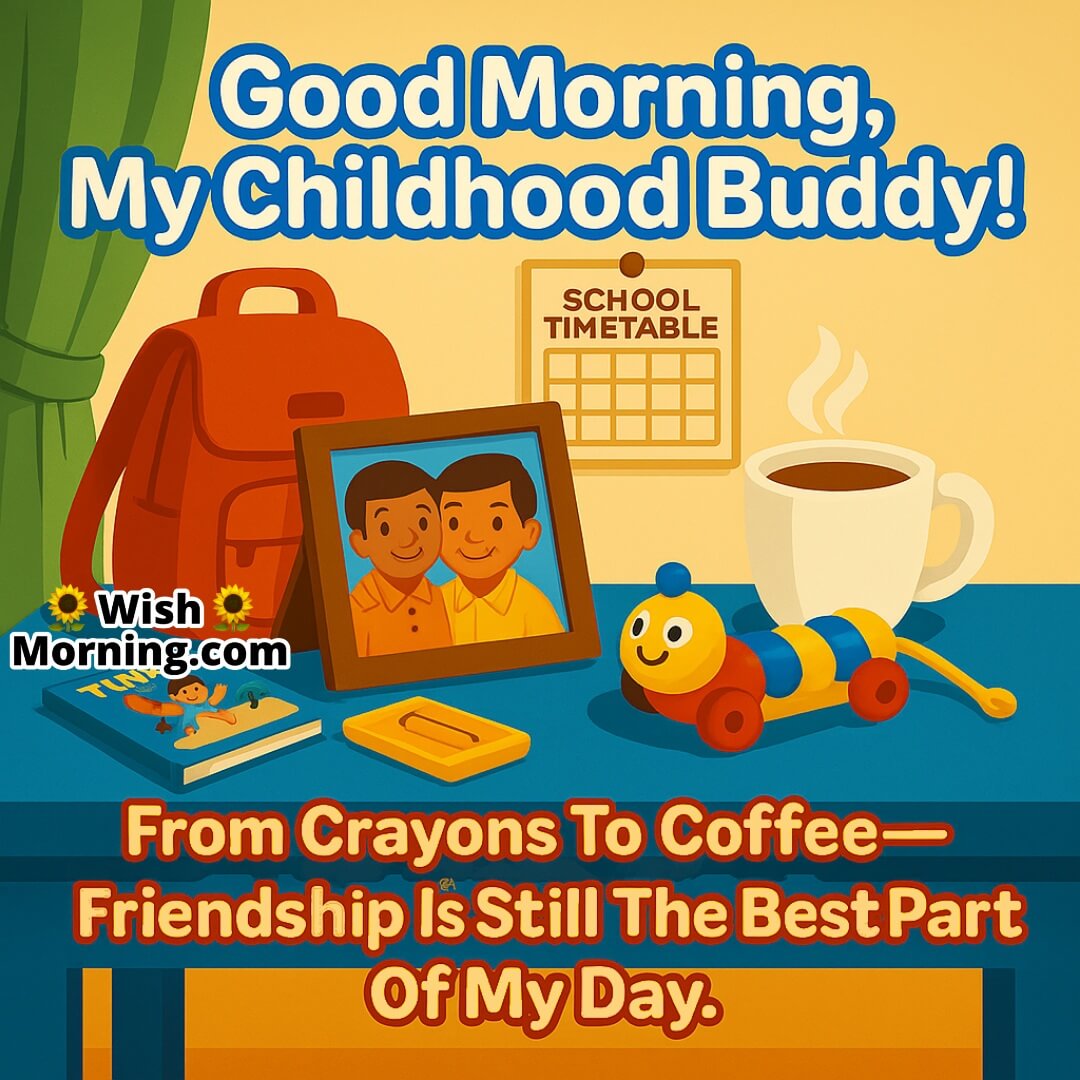 Cute Good Morning Message For Childhood Friend with framed photo, toys, and colorful cartoon setup symbolizing playful and lasting friendship.