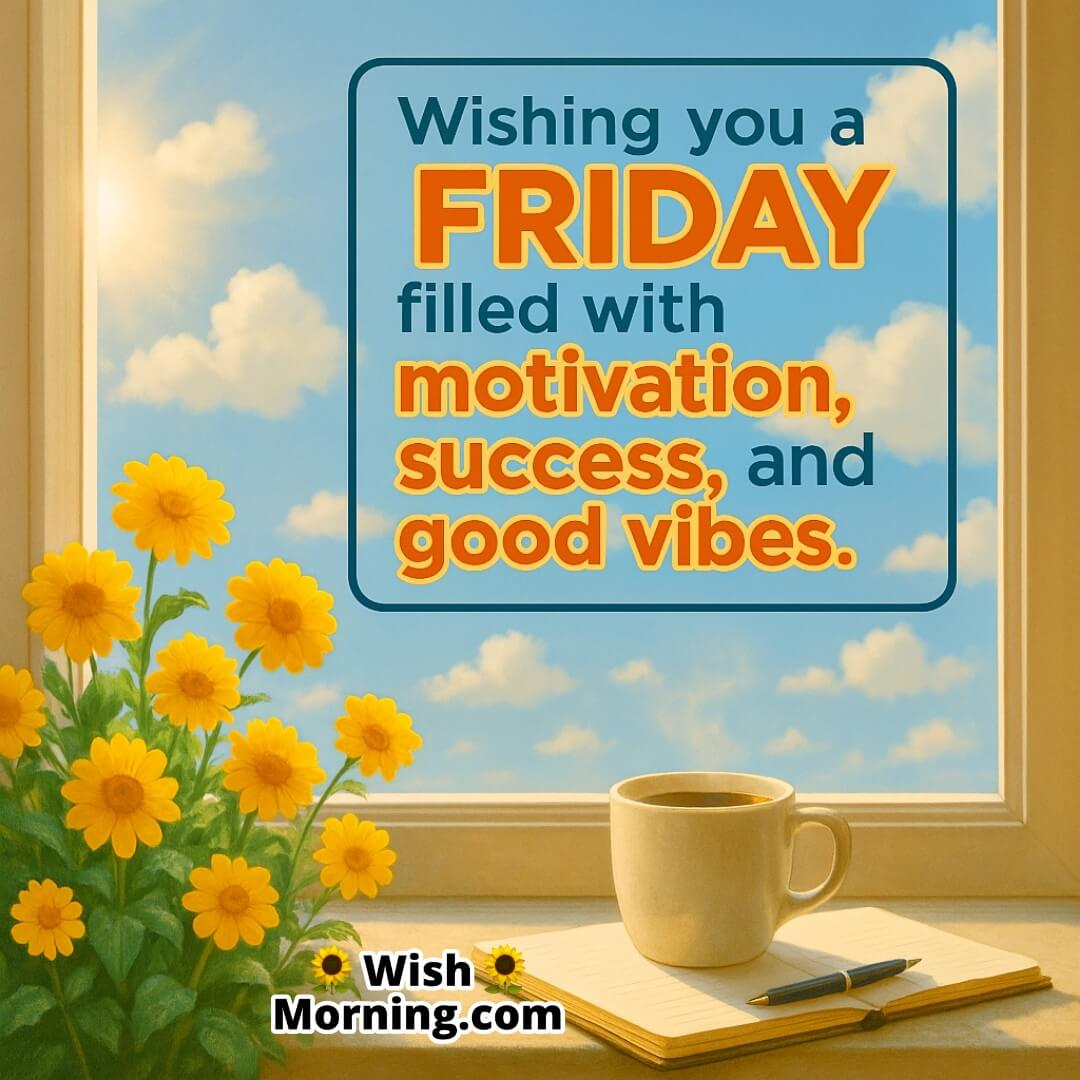 Friday Morning Motivation Wishes featuring morning light and floral freshness, symbolising inspiration, focus, and a cheerful spirit.