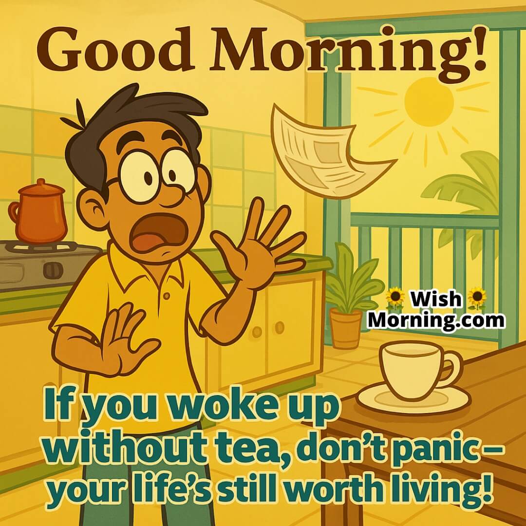 Funny Good Morning Message for Friends with cartoon Indian tea scene and dramatic reaction, symbolizing humor in daily morning habits.