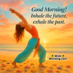 Good Morning beach yoga with vibrant sunrise and seashells, symbolizing breath, release, and renewal.