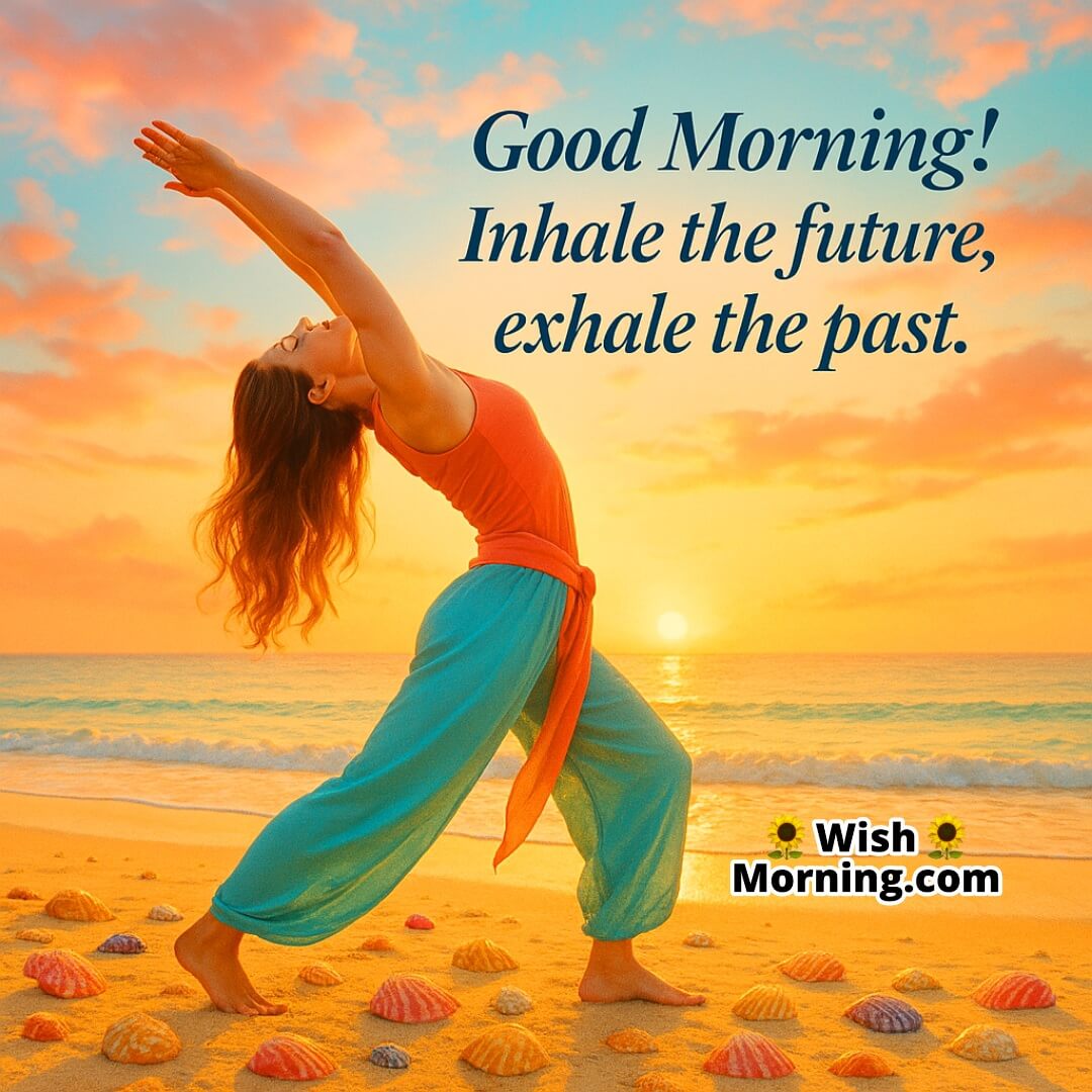 Good Morning beach yoga with vibrant sunrise and seashells, symbolizing breath, release, and renewal.