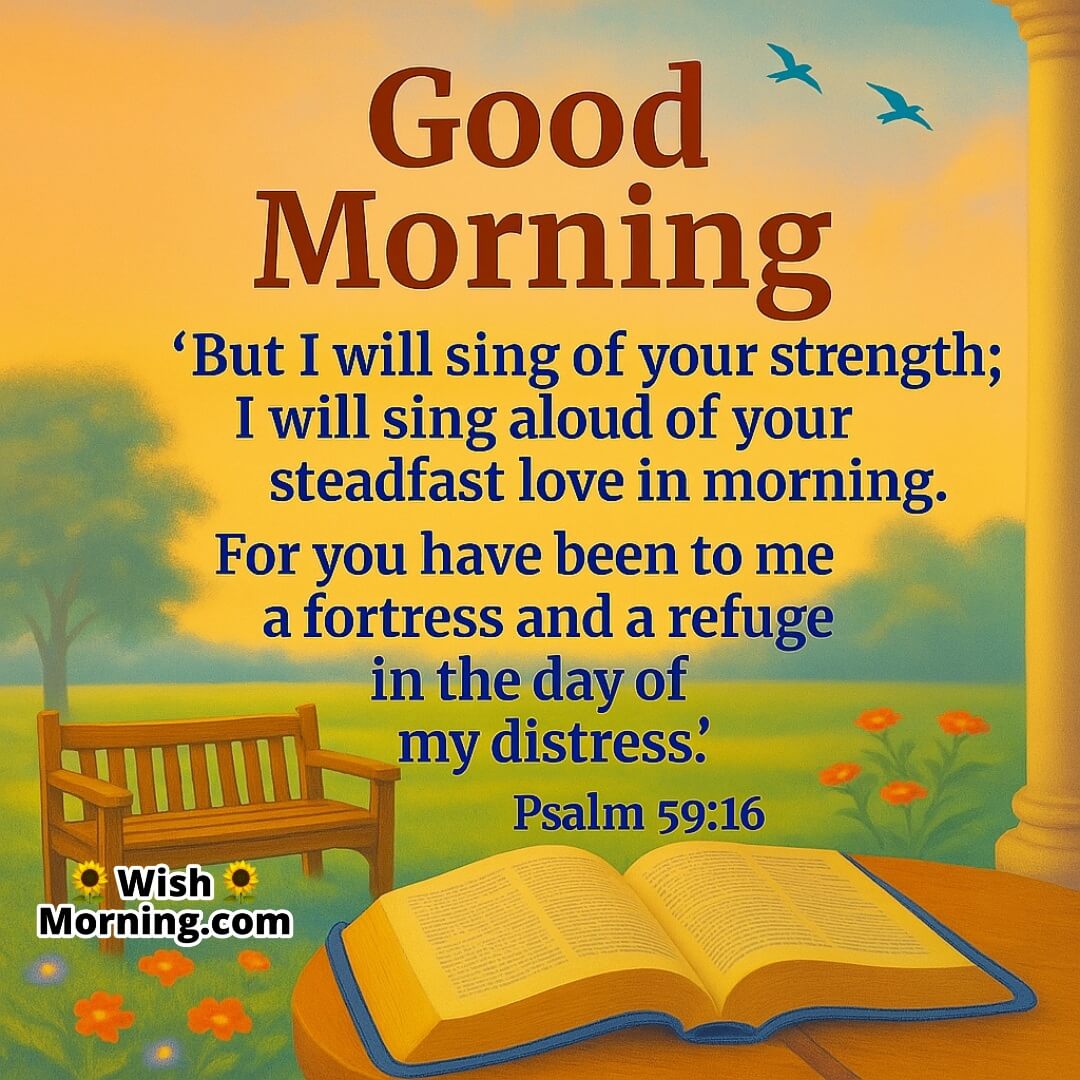 Good Morning with Bible verse and a peaceful colorful garden symbolizing refuge, love, and morning worship.