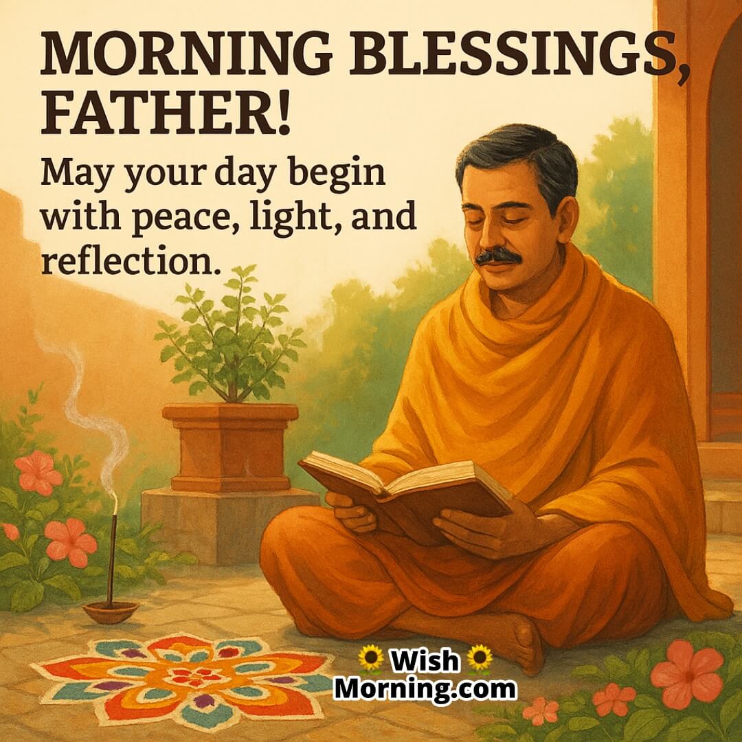 Father enjoying a calm morning in a flowering courtyard, symbolizing reflection, grace, and blessings.
