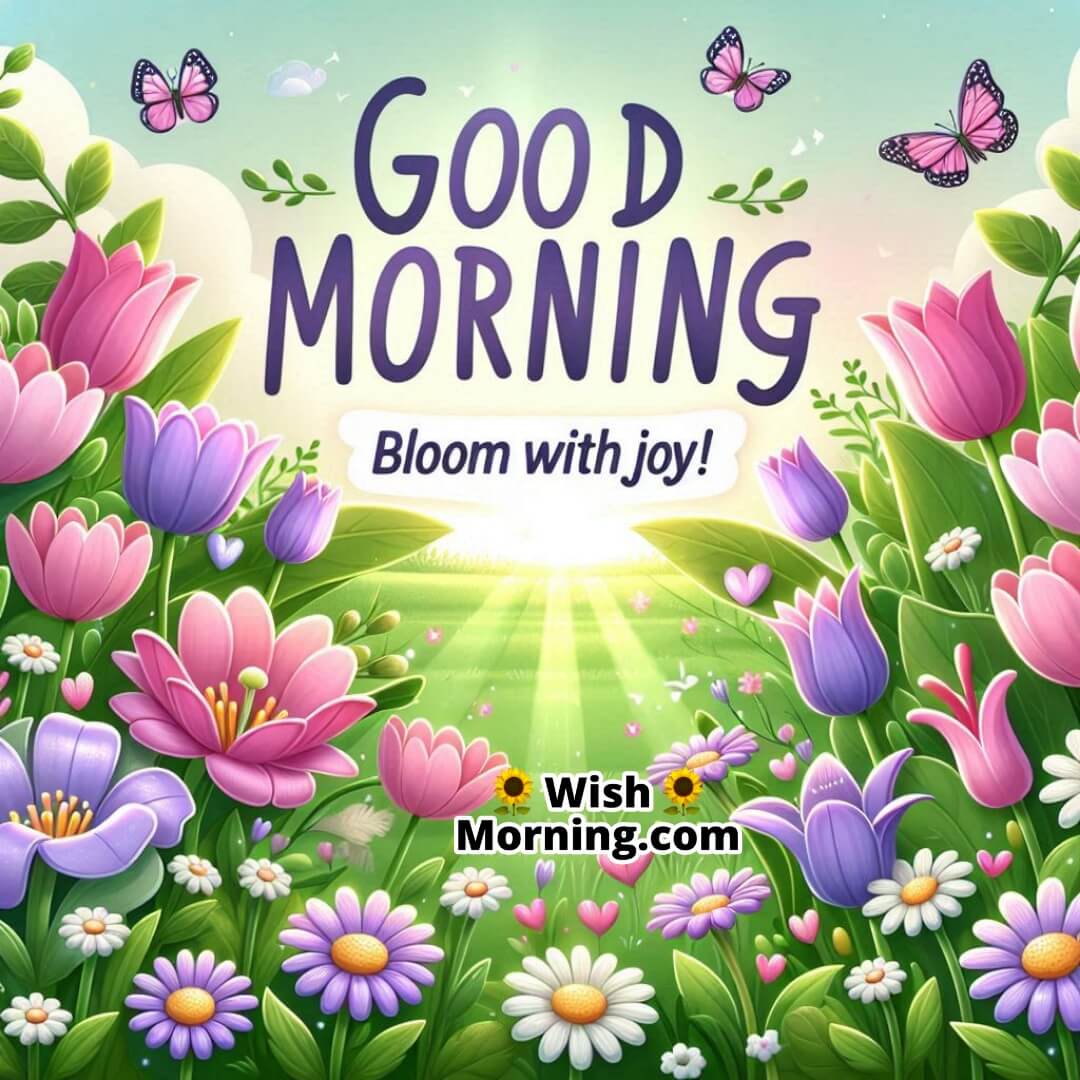 Good Morning blooming tulips field reflecting joyful energy and positivity.