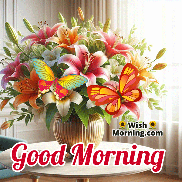 Animated GIF of a vibrant fresh flower bouquet with a 'Good Morning' message