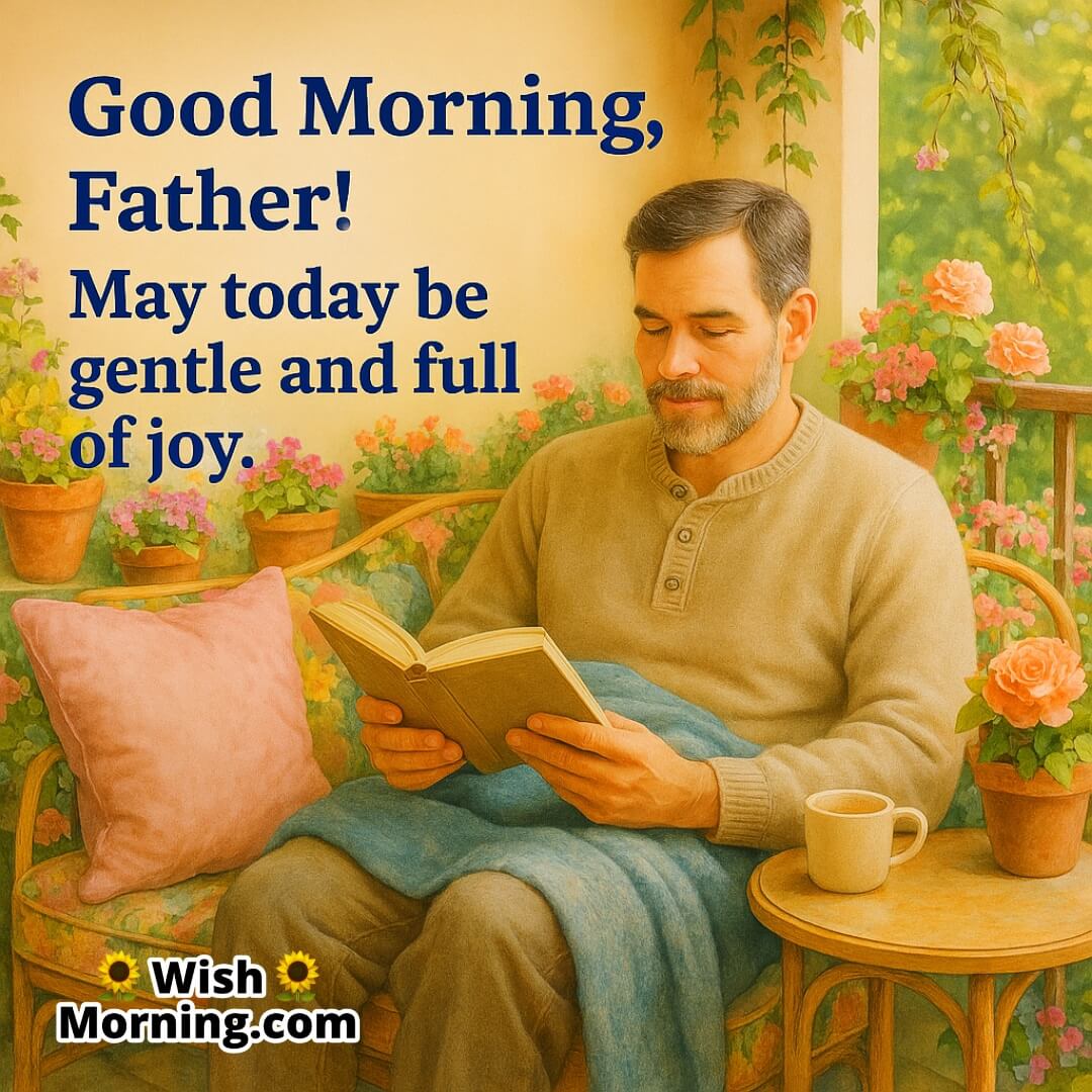Father reading on a cozy balcony, symbolizing peace, gentleness, and the joy of slow mornings.