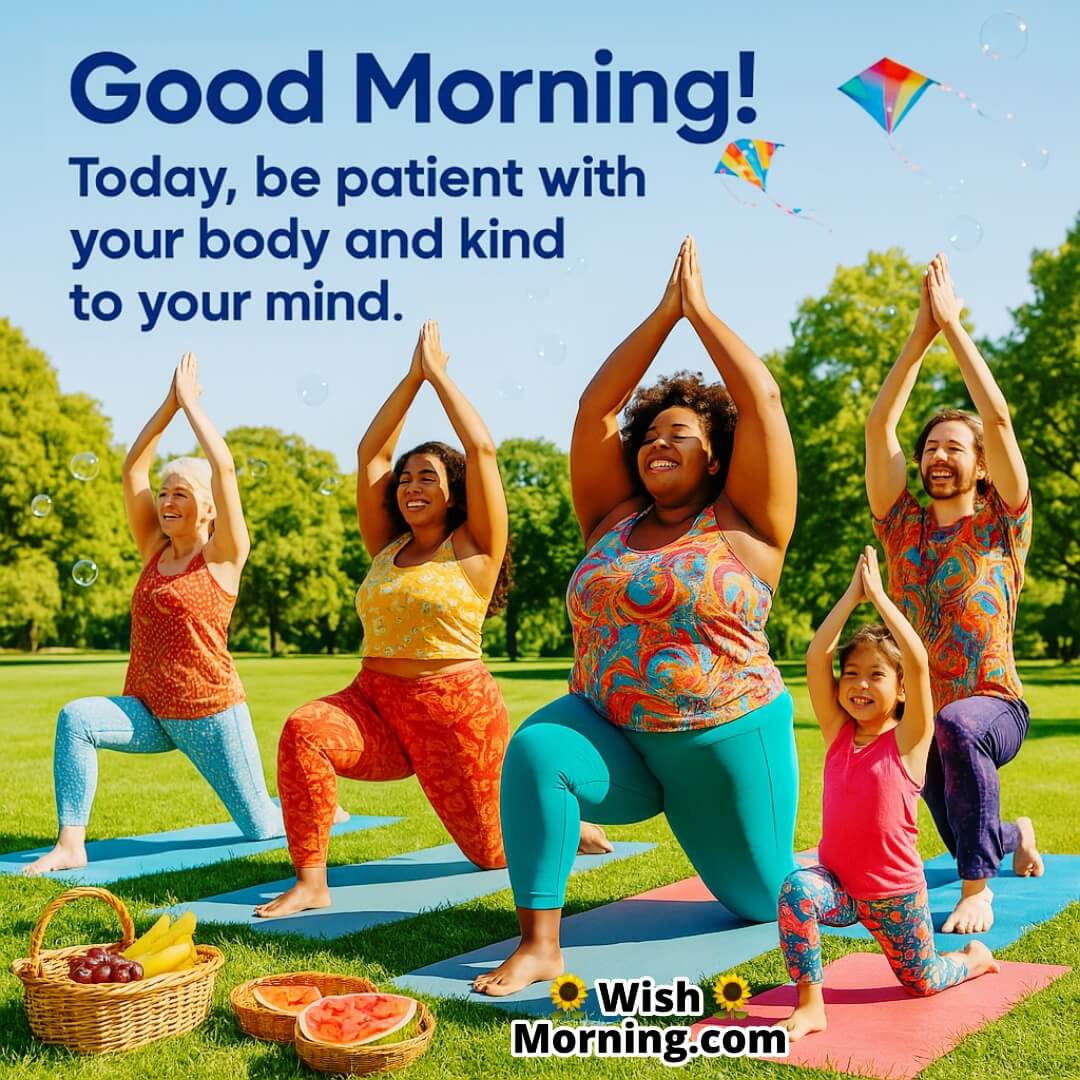 Good Morning community yoga in a joyful park, symbolizing patience, diversity, and cheerful harmony.