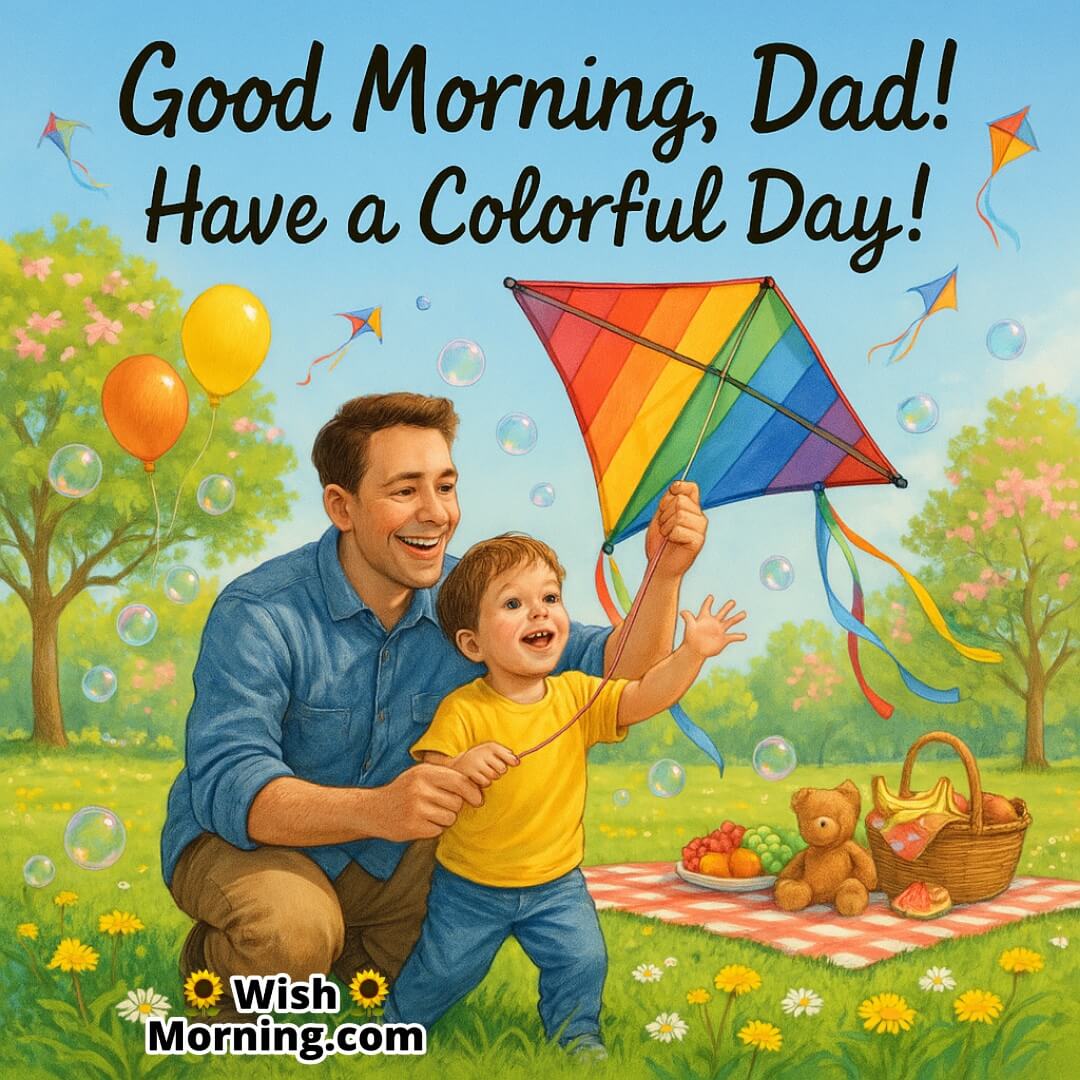 Father flying a kite with child in a blooming park, symbolizing joy, bonding, and a bright, colorful morning.