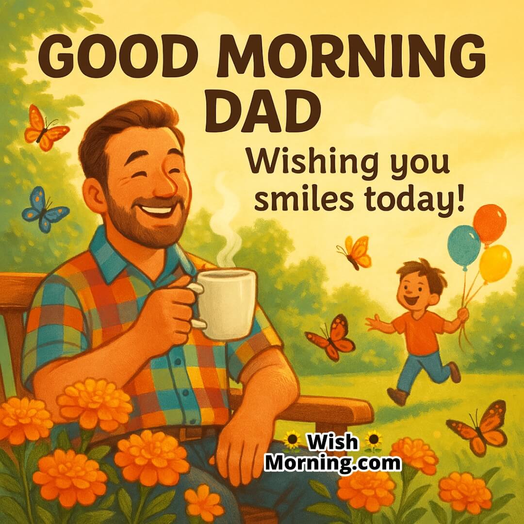 Good Morning scene with a father smiling in a flower-filled garden, symbolizing joy, renewal, and father-child warmth.