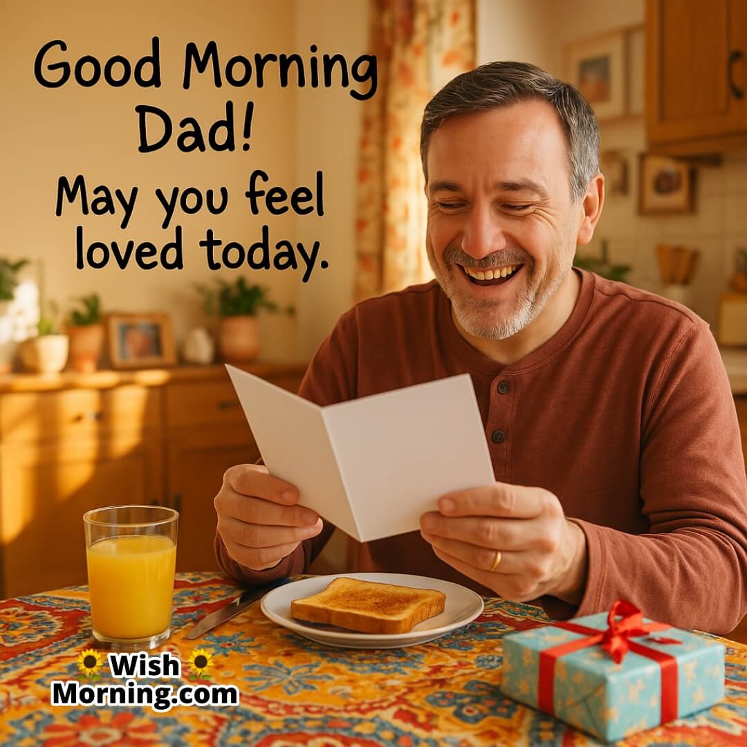 A father opening a morning card at the table, symbolizing love, appreciation, and a warm start to the day.