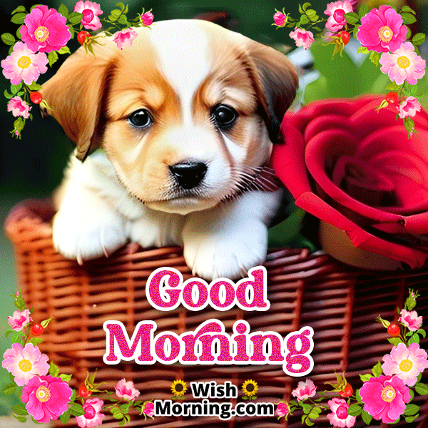 Animated GIF of a friendly dog nodding its head with a 'Good Morning' message.