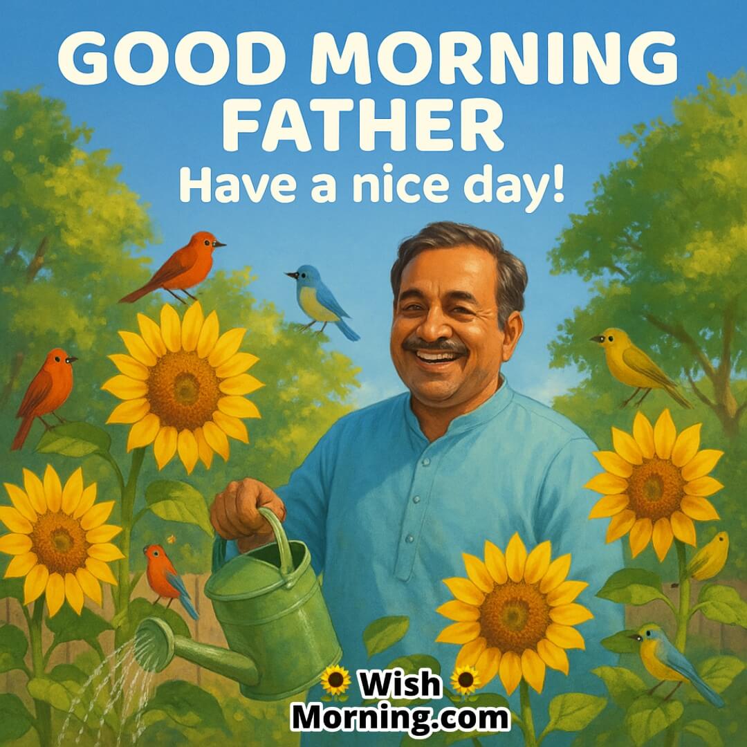 Good Morning with a cheerful father watering sunflowers in a sunny backyard, symbolizing love, care, and warmth.
