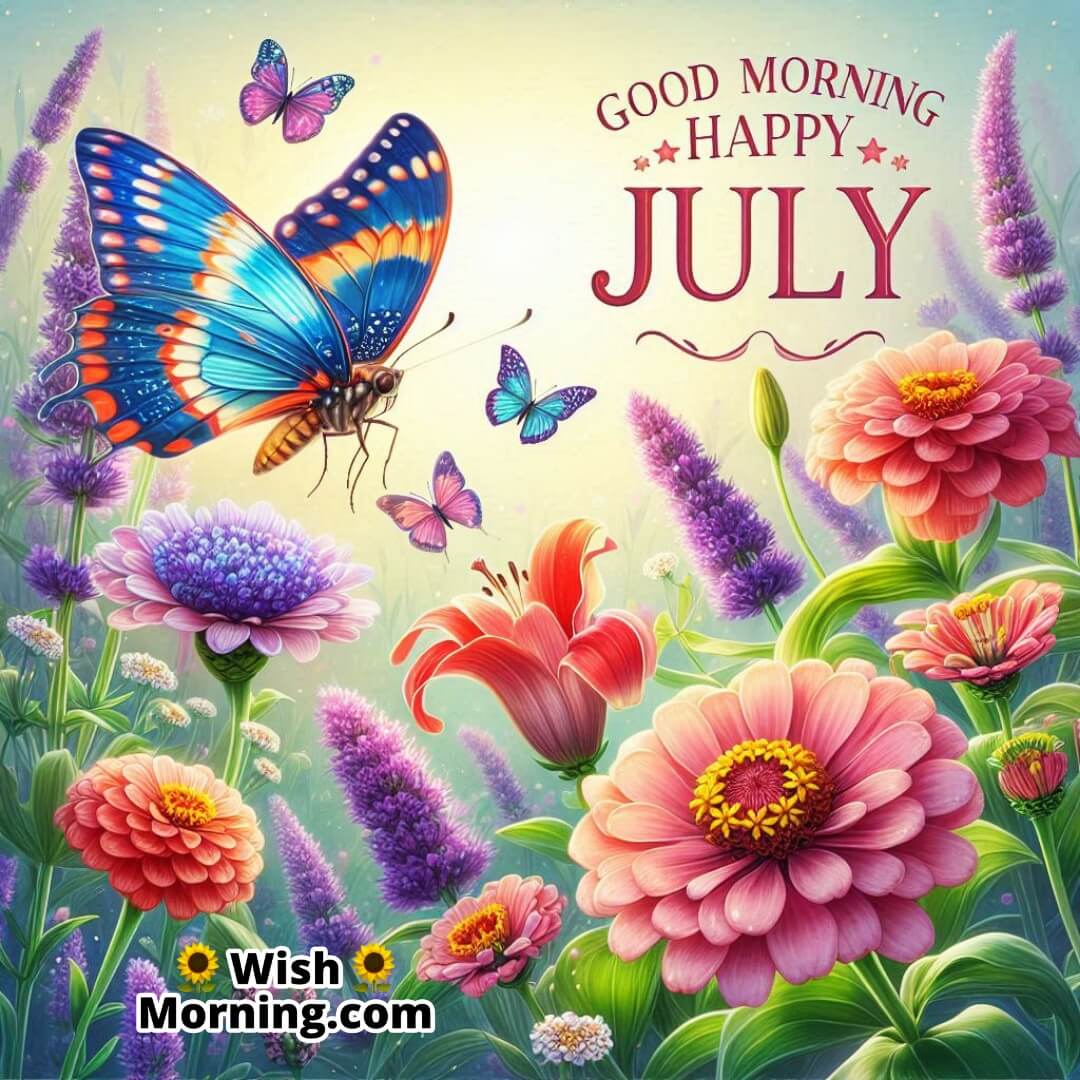 Good Morning Happy July image showing butterflies among summer flowers.