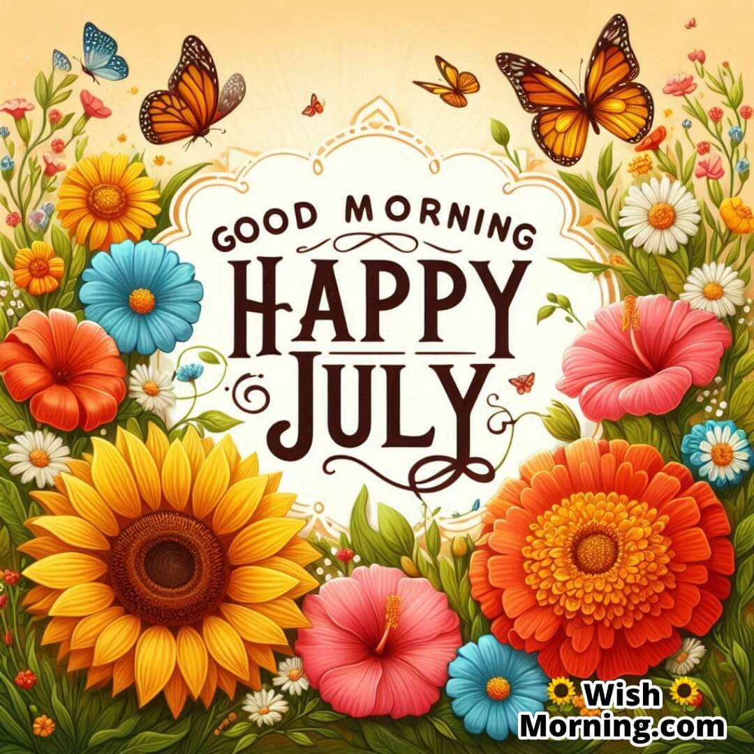 Good Morning Happy July image featuring a colorful July garden full of sunflowers and butterflies.