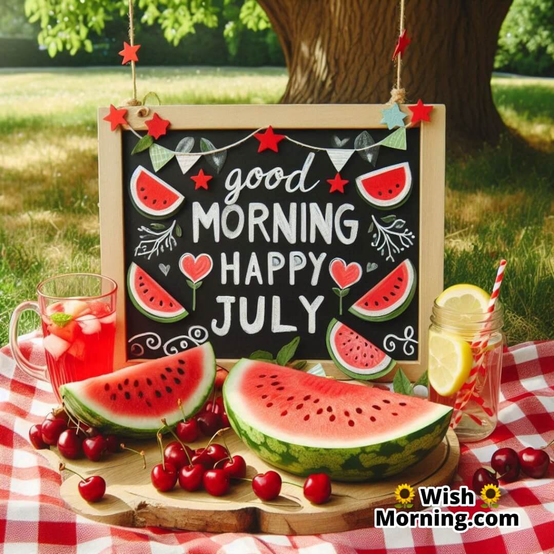 Good Morning Happy July image featuring picnic setup with watermelon and cherries.